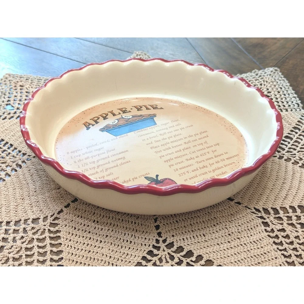 Vintage 2005 Apple Pie Recipe Scalloped Red Rim Pie Dish 10.5in